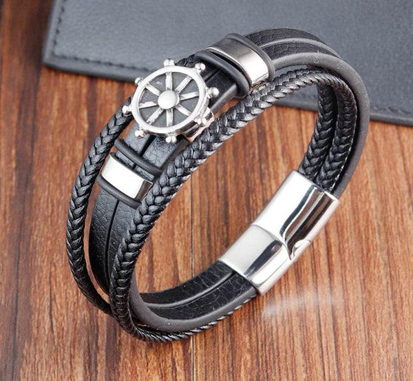 Cross Stainless Steel Anchor Leather Bracelet Elegant Men's Chunky Jewelry Accessories - NexoEden