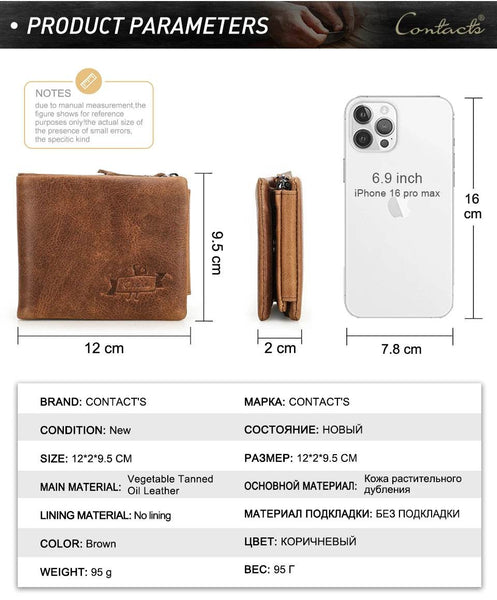 CONTACT'S Genuine Crazy Horse Leather Men’s Vintage Trifold Wallet with Zip Coin Pocket – Cowhide Leather by NexoEden