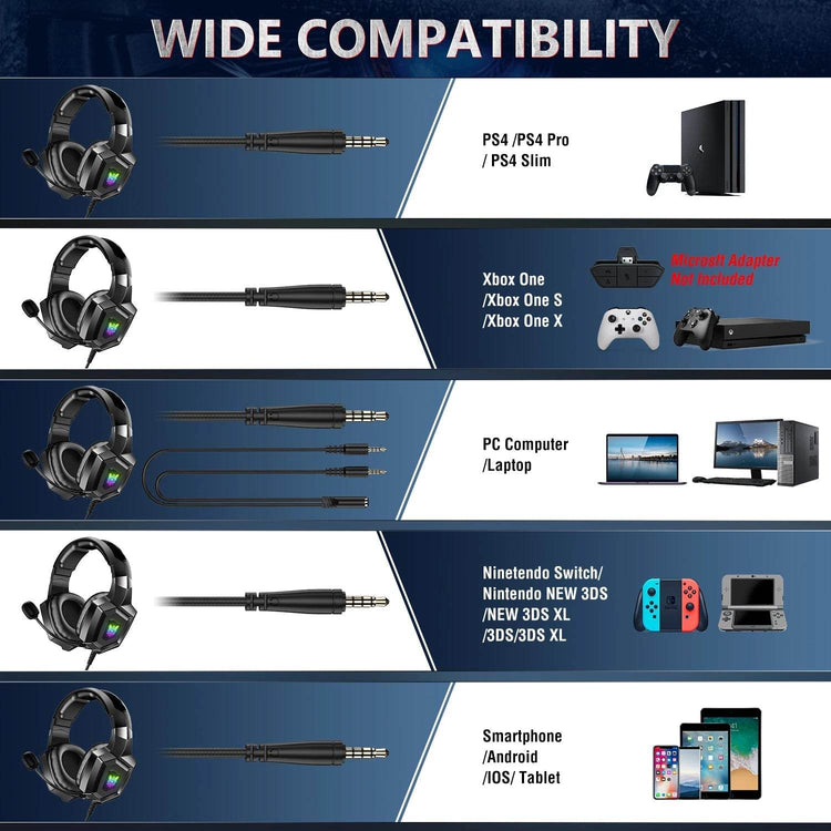 ONIKUMA K8 Gaming Headphones with Flexible HD Mic RGB Light Surround Sound Over-Ear Wired Headset Gamer for PC Gaming Xbox - NexoEden