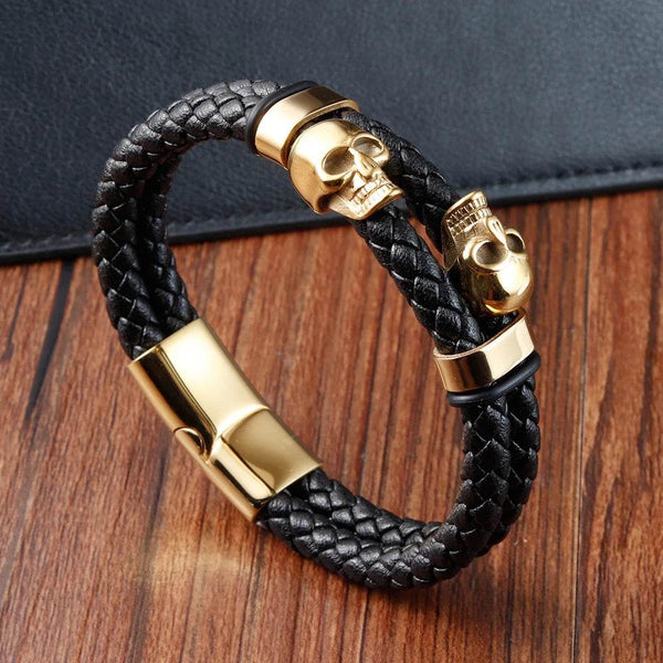 Hyperbole Men Jewelry Black Braided Leather Bracelets Stainless Steel Leahter Bracelets Cool Skull Bracelets Men Bracelet - NexoEden