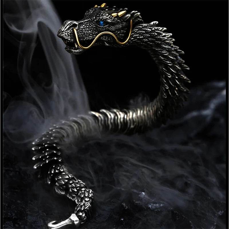 Vintage Men's Punk Domineering Ancient Dragon Snake Link Bracelets Accessories Hiphop Style 925 Sterling Silver Fashion Jewelry - NexoEden