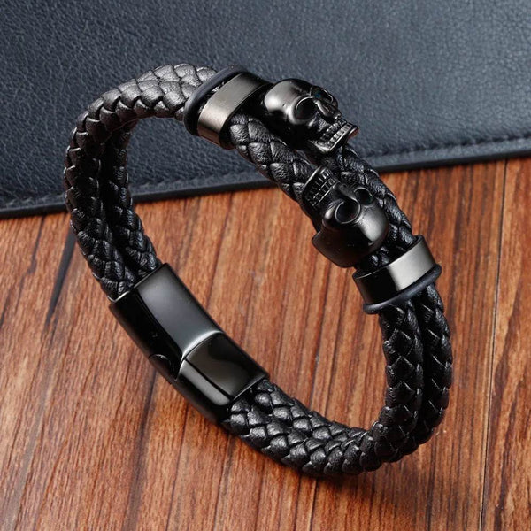 Hyperbole Men Jewelry Black Braided Leather Bracelets Stainless Steel Leahter Bracelets Cool Skull Bracelets Men Bracelet - NexoEden
