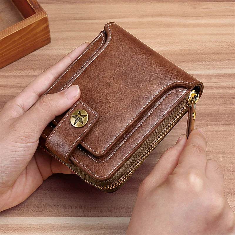Vintage Men's PU Leather Short Wallet – Durable Zipper Clutch - NexoEden