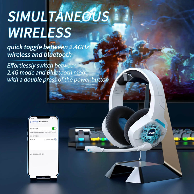 BINNUNE BW01 Wireless Gaming Headset for PC PS4 PS5 Playstation 4 5, 2.4G Wireless Bluetooth USB Gamer Headphones with Mic - NexoEden