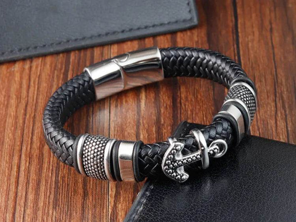 Cross Stainless Steel Anchor Leather Bracelet Elegant Men's Chunky Jewelry Accessories - NexoEden