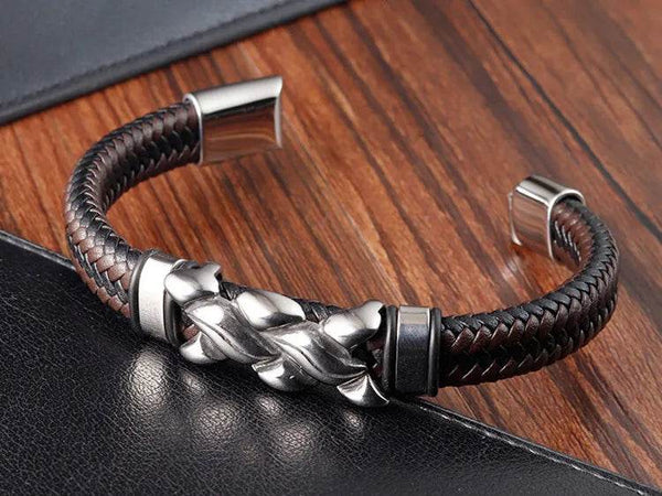 Cross Stainless Steel Anchor Leather Bracelet Elegant Men's Chunky Jewelry Accessories - NexoEden