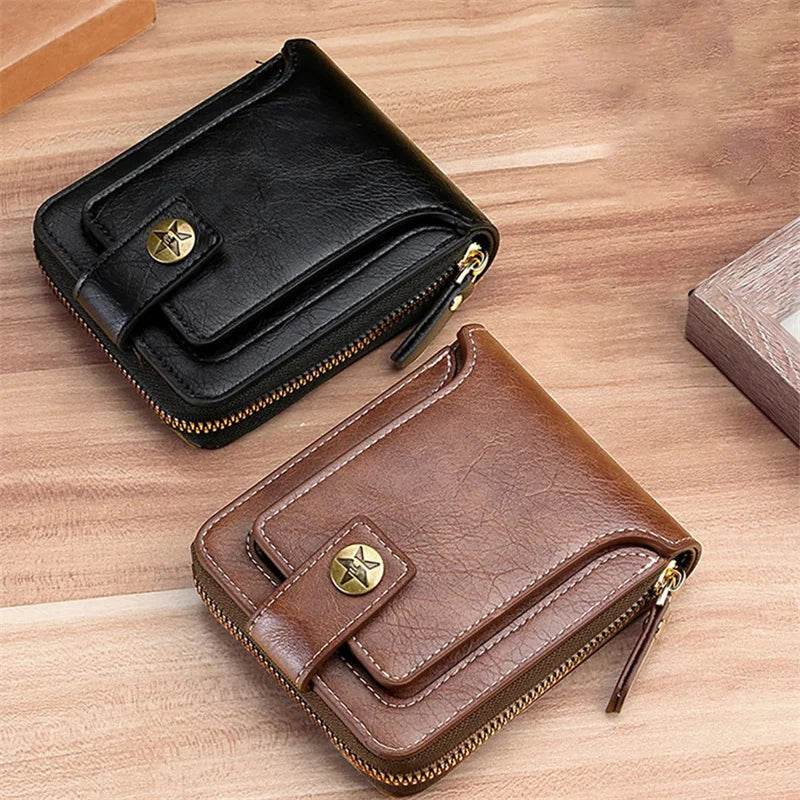 Vintage Men's PU Leather Short Wallet – Durable Zipper Clutch - NexoEden