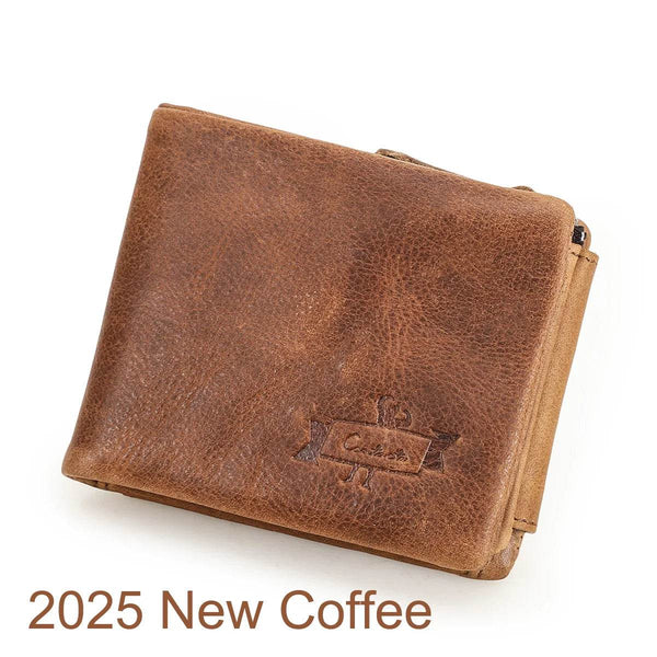 CONTACT'S Genuine Crazy Horse Leather Men Wallets Vintage Trifold Wallet Zip Coin Pocket Purse Cowhide Leather Wallet For Mens - NexoEden