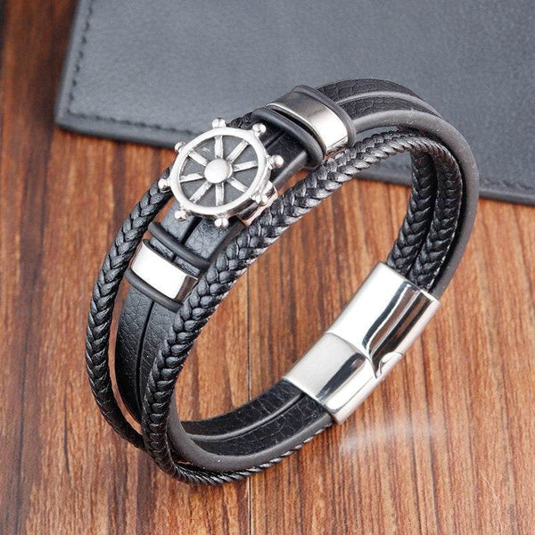 Cross Stainless Steel Anchor Leather Bracelet Elegant Men's Chunky Jewelry Accessories - NexoEden