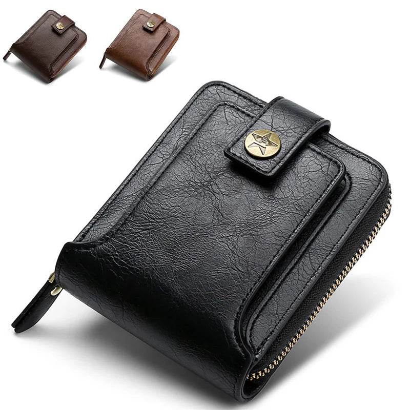 Vintage Men's PU Leather Short Wallet – Durable Zipper Clutch - NexoEden