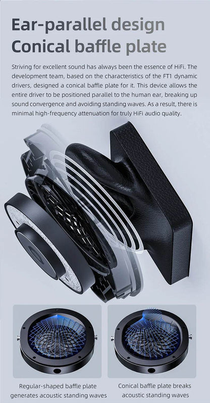 FiiO FT1 Closed-Back Over-Ear Headphone 60mm Dynamic Driver Hi-Res Audio Wired HiFi American Black Wood Ear Cups for Studio - NexoEden
