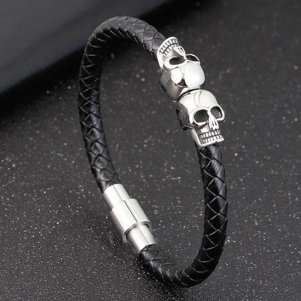 Hyperbole Men Jewelry Black Braided Leather Bracelets Stainless Steel Leahter Bracelets Cool Skull Bracelets Men Bracelet - NexoEden
