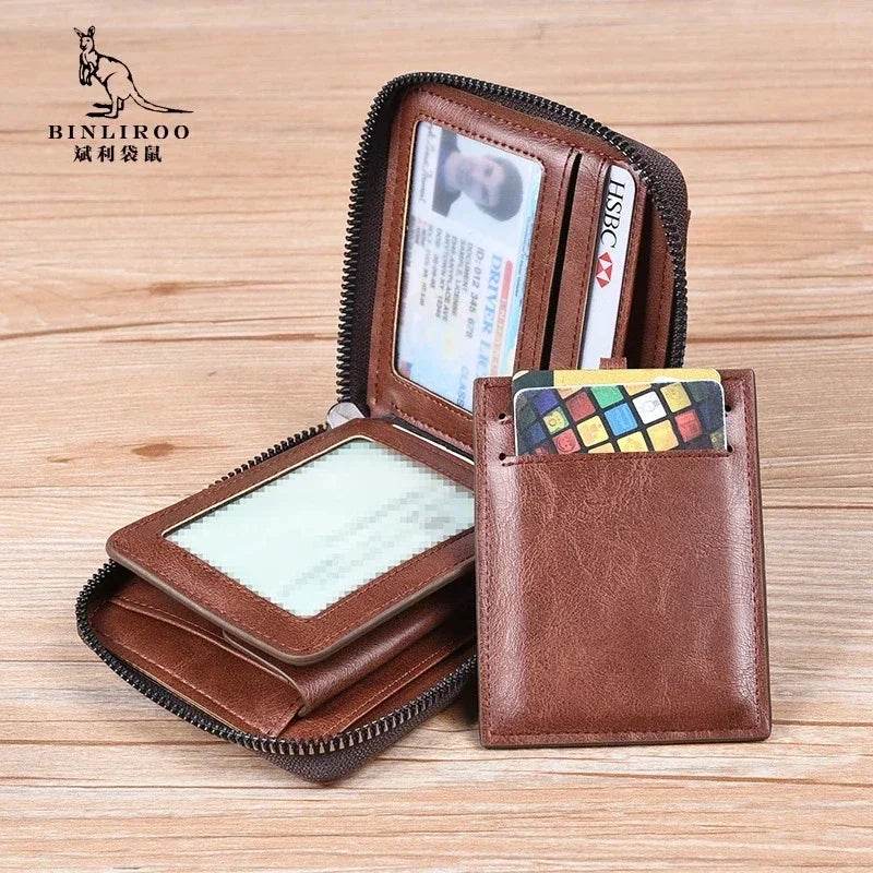 Genuine Leather Men's Wallet Luxury Short RFID Card Holder for Men Zipper Coin Purse Portable Male Wallets Billfold - NexoEden