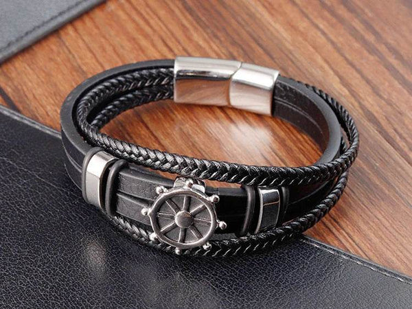 Cross Stainless Steel Anchor Leather Bracelet Elegant Men's Chunky Jewelry Accessories - NexoEden