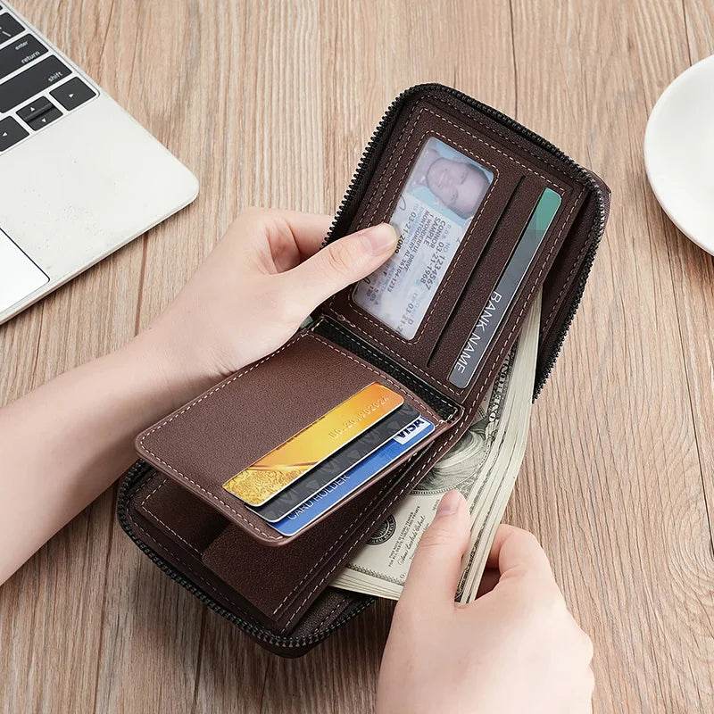 Leather Men’s Wallet Luxury Mens Purse Male Zipper Card Holders with Coin Pocket Rfid Wallets Gifts for Men Money Bag - NexoEden