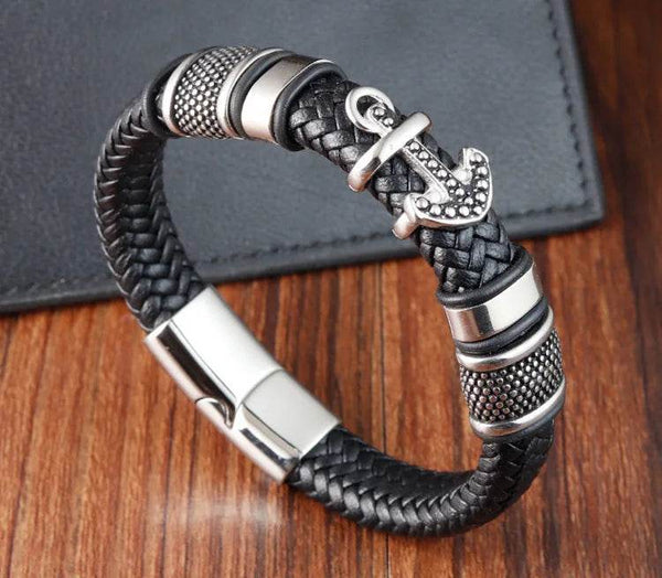 Cross Stainless Steel Anchor Leather Bracelet Elegant Men's Chunky Jewelry Accessories - NexoEden