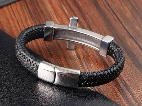 Cross Stainless Steel Anchor Leather Bracelet Elegant Men's Chunky Jewelry Accessories - NexoEden