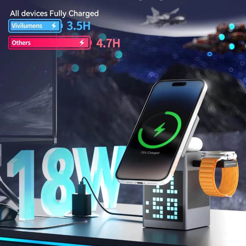 6-in-1 Magnetic Wireless Charging Station with Bluetooth Speaker, Alarm Clock, for IPhone, AirPods, IWatch-Multifunction Charger - NexoEden