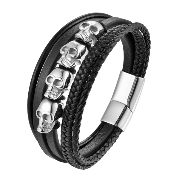 Hyperbole Men Jewelry Black Braided Leather Bracelets Stainless Steel Leahter Bracelets Cool Skull Bracelets Men Bracelet - NexoEden