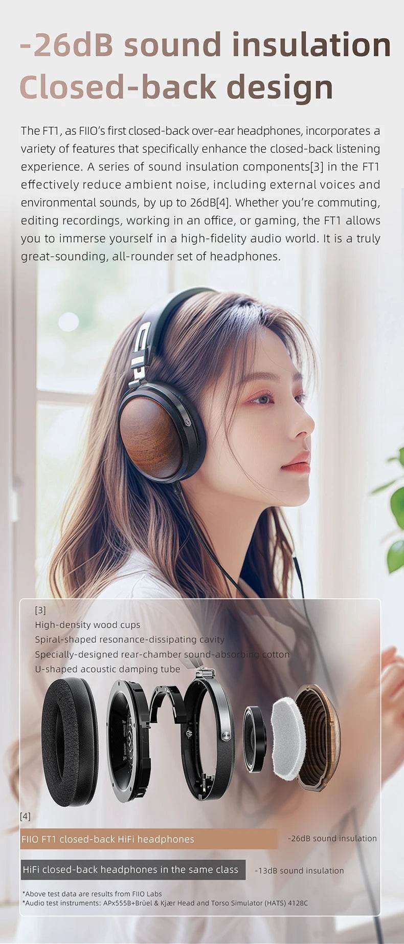 FiiO FT1 Closed-Back Over-Ear Nanowood Fiber Composite Diaphragm Wired Hi-Fi Headphones, American Black Wood Ear Cups for Studio - NexoEden