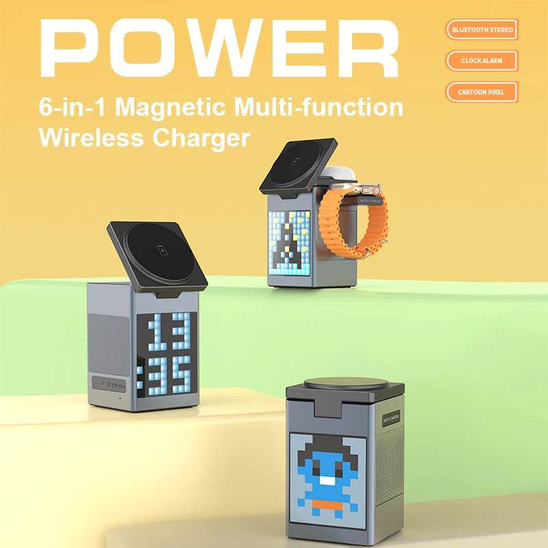 6-in-1 Magnetic Wireless Charging Station with Bluetooth Speaker, Alarm Clock, for IPhone, AirPods, IWatch-Multifunction Charger - NexoEden