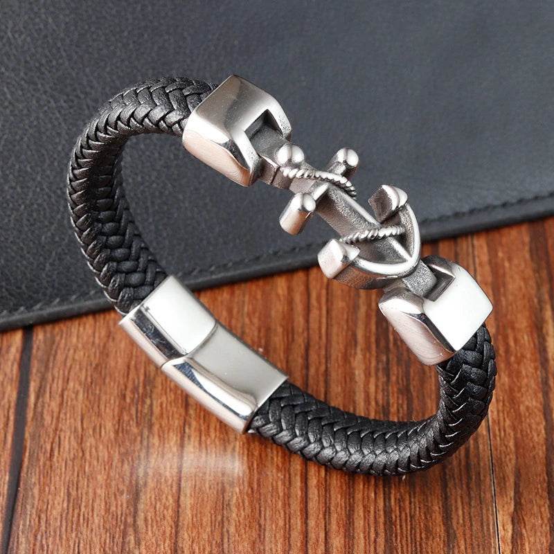 Cross Stainless Steel Anchor Leather Bracelet Elegant Men's Chunky Jewelry Accessories - NexoEden