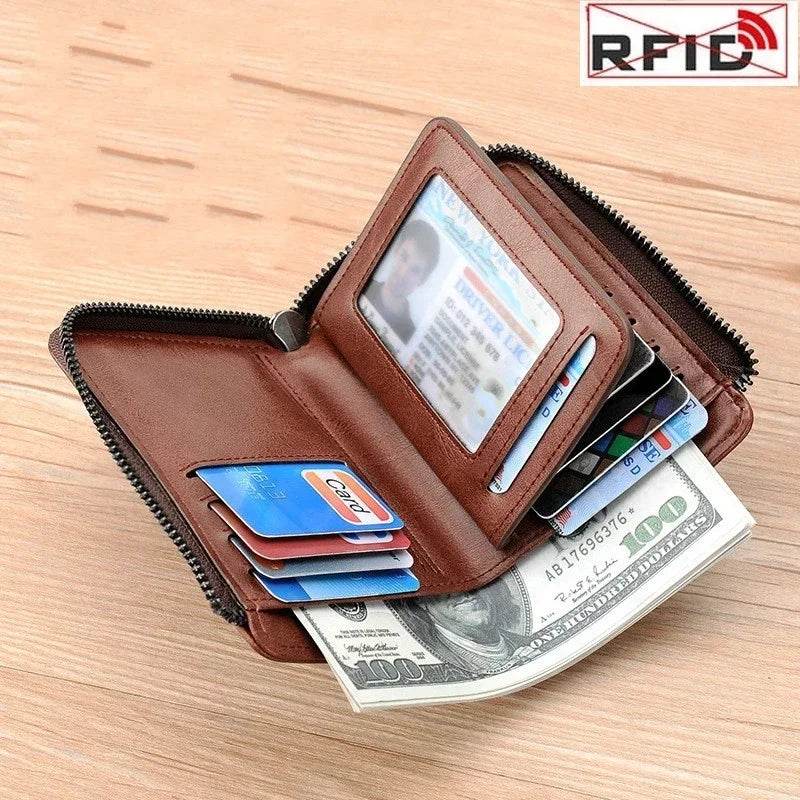 Genuine Leather Men's Wallet Luxury Short RFID Card Holder for Men Zipper Coin Purse Portable Male Wallets Billfold - NexoEden