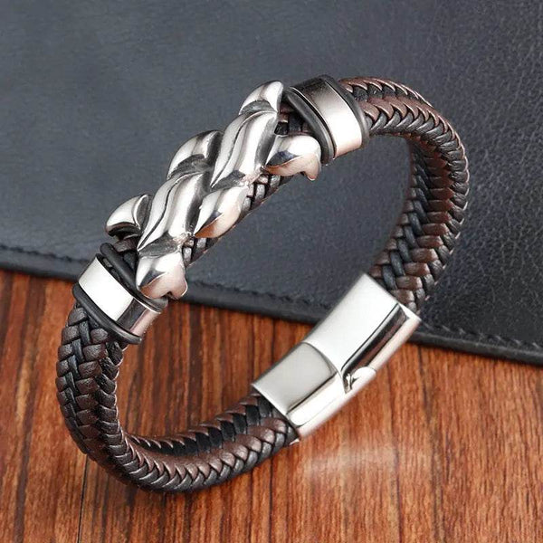 Cross Stainless Steel Anchor Leather Bracelet Elegant Men's Chunky Jewelry Accessories - NexoEden