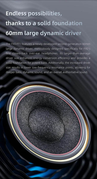 FiiO FT1 Closed-Back Over-Ear Headphone 60mm Dynamic Driver Hi-Res Audio Wired HiFi American Black Wood Ear Cups for Studio - NexoEden