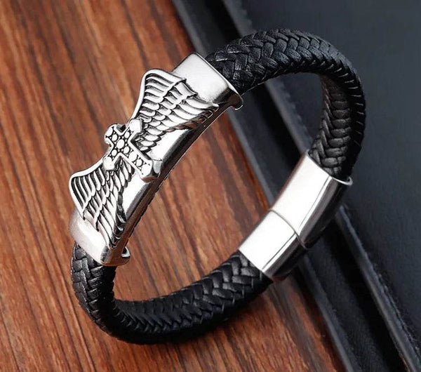Cross Stainless Steel Anchor Leather Bracelet Elegant Men's Chunky Jewelry Accessories - NexoEden