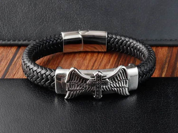 Cross Stainless Steel Anchor Leather Bracelet Elegant Men's Chunky Jewelry Accessories - NexoEden