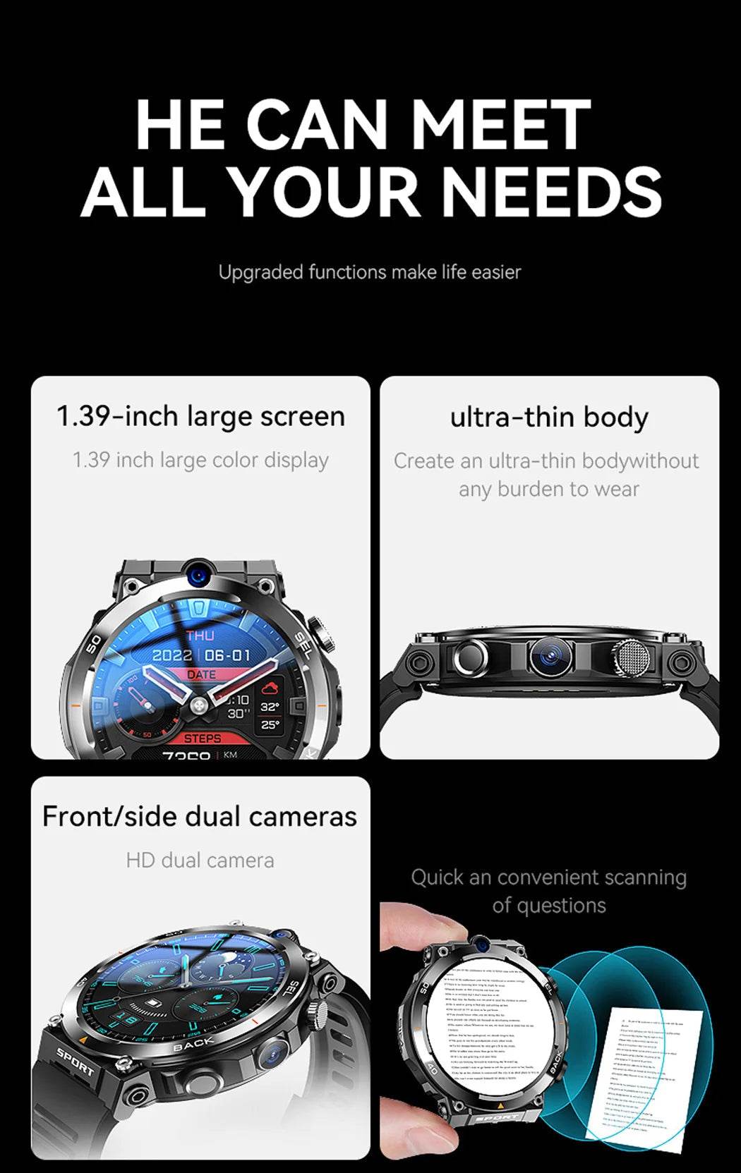 4G LTE Smart Watch 2024 Android os GPS Video Voice Wi-Fi Call Messaging HD Dual Cameras 4G Sim Card Call WIFI Men's SmartWatch - NexoEden