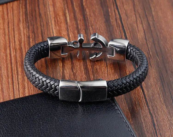 Cross Stainless Steel Anchor Leather Bracelet Elegant Men's Chunky Jewelry Accessories - NexoEden