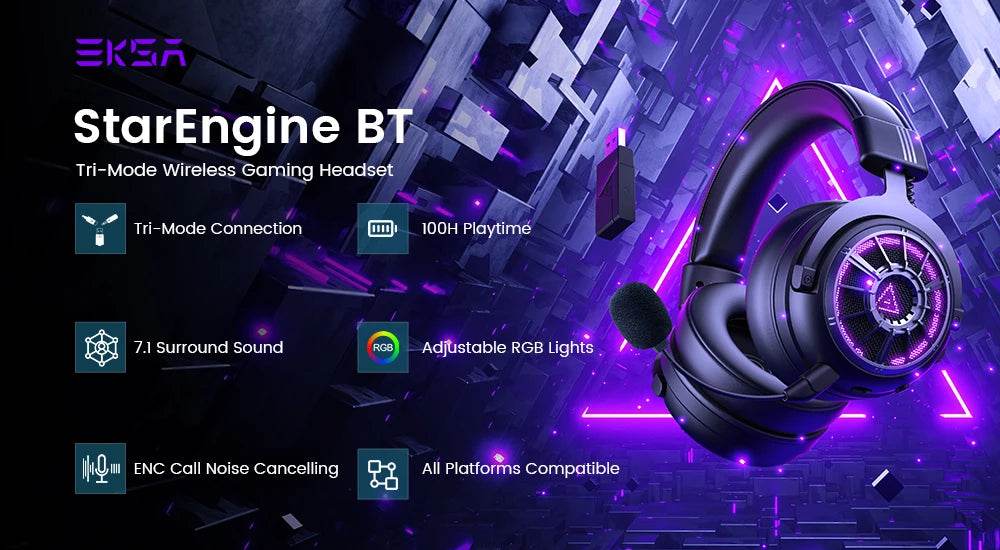 EKSA E5000 BT 2.4GHz Wireless Headphones Bluetooth 5.3 Gaming Headset Gamer with ENC Noise Cancelling Mic for PC/PS5/Xbox, 100H - NexoEden