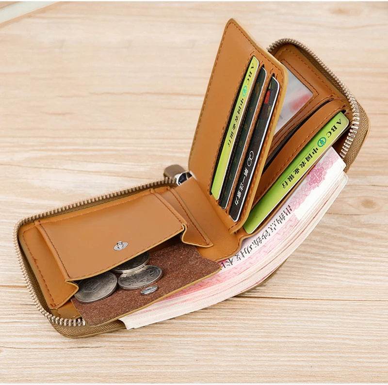 Leather Men’s Wallet Luxury Mens	Purse Male Zipper Card Holders with Coin Pocket Rfid Wallets Gifts for Men Money Bag - NexoEden