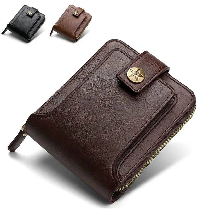 Vintage Men's PU Leather Short Wallet – Durable Zipper Clutch - NexoEden
