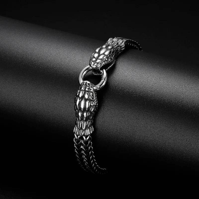 Stainless Steel Double Snake Head Men Bracelet Punk Domineering Snake Bracelet Retro Fashion Couple Men Holiday Gift Bracelet - NexoEden