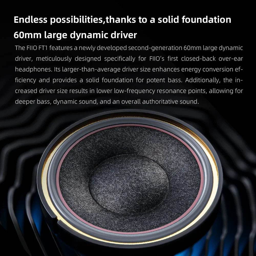 FiiO FT1 Closed-Back Over-Ear Headphone 60mm Dynamic Driver Hi-Res Audio Wired HiFi American Black Wood Ear Cups for Studio - NexoEden