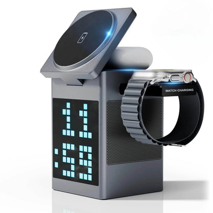 6-in-1 Magnetic Wireless Charging Station with Bluetooth Speaker, Alarm Clock, for IPhone, AirPods, IWatch-Multifunction Charger - NexoEden