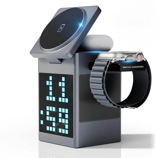 6-in-1 Magnetic Wireless Charging Station with Bluetooth Speaker, Alarm Clock, for IPhone, AirPods, IWatch-Multifunction Charger - NexoEden