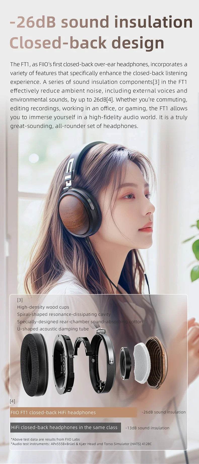 FiiO FT1 Closed-Back Over-Ear Headphone 60mm Dynamic Driver Hi-Res Audio Wired HiFi American Black Wood Ear Cups for Studio - NexoEden