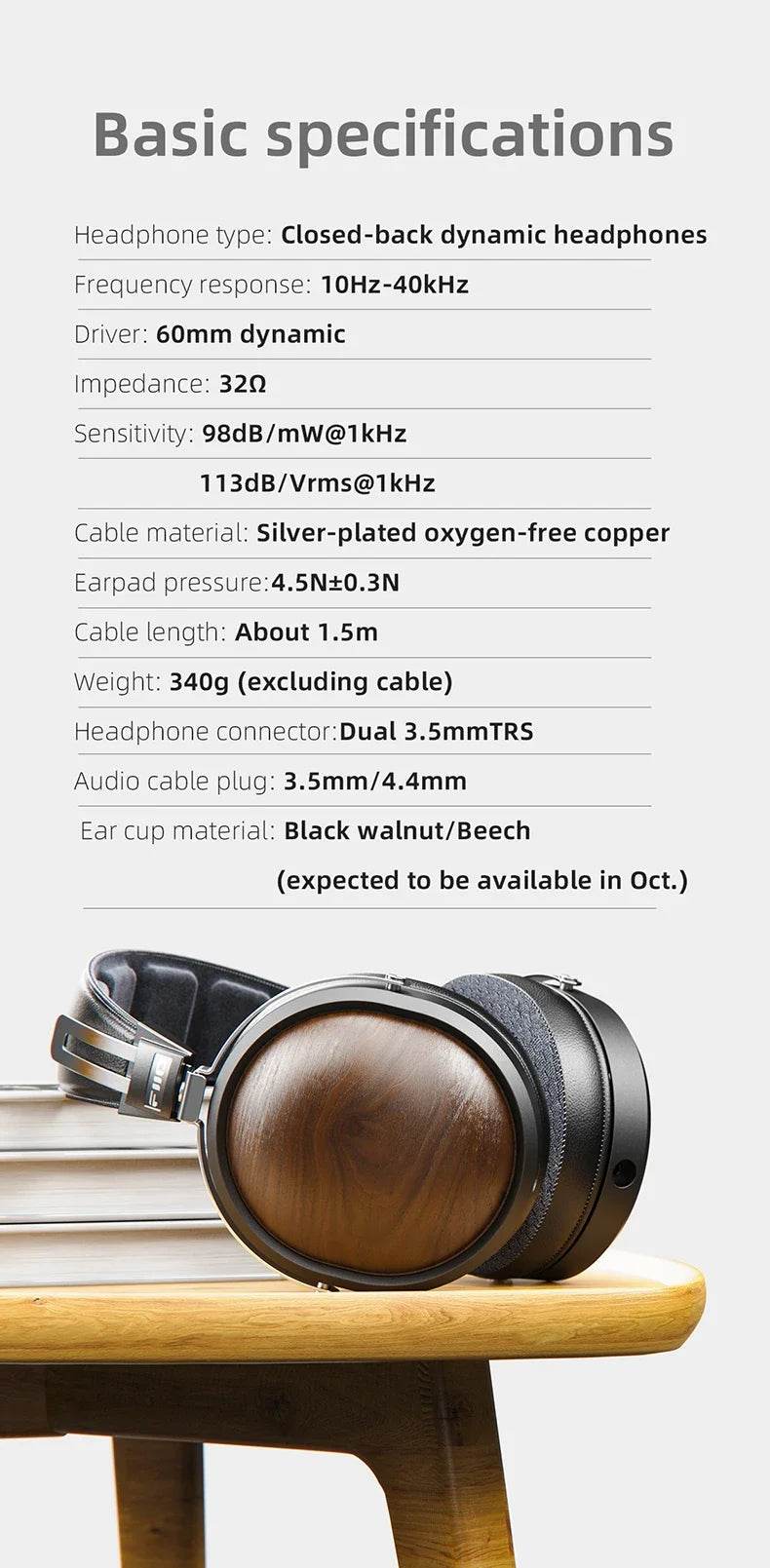 FiiO FT1 Closed-Back Over-Ear Headphone 60mm Dynamic Driver Hi-Res Audio Wired HiFi American Black Wood Ear Cups for Studio - NexoEden