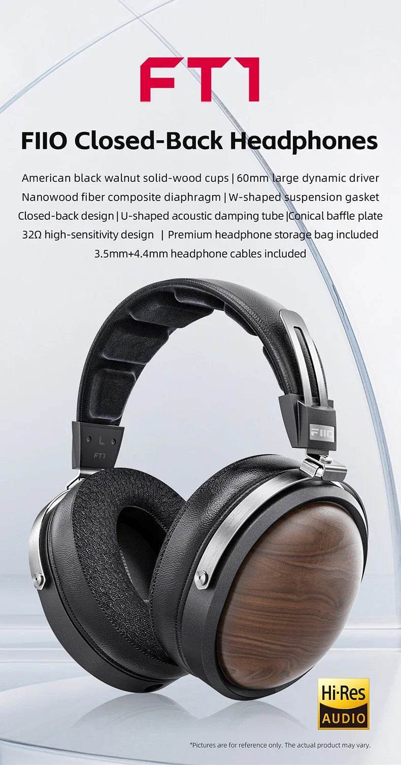 FiiO FT1 Closed-Back Over-Ear Headphone 60mm Dynamic Driver Hi-Res Audio Wired HiFi American Black Wood Ear Cups for Studio - NexoEden