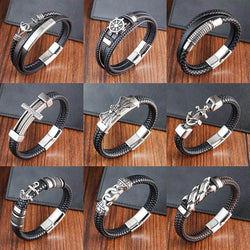 Cross Stainless Steel Anchor Leather Bracelet Elegant Men's Chunky Jewelry Accessories - NexoEden