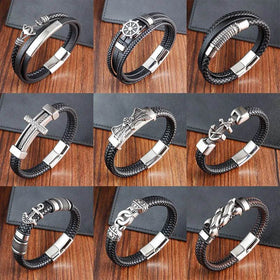 Cross Stainless Steel Anchor Leather Bracelet Elegant Men's Chunky Jewelry Accessories - NexoEden