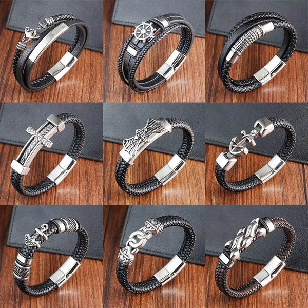 Cross Stainless Steel Anchor Leather Bracelet Elegant Men's Chunky Jewelry Accessories - NexoEden