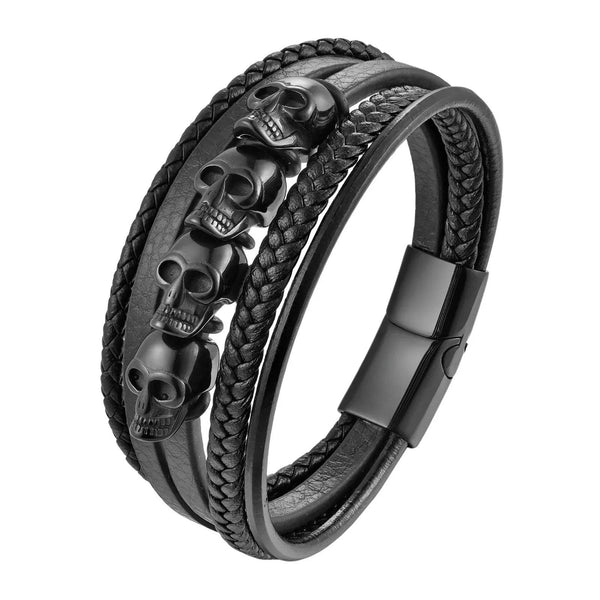 Hyperbole Men Jewelry Black Braided Leather Bracelets Stainless Steel Leahter Bracelets Cool Skull Bracelets Men Bracelet - NexoEden