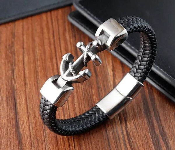 Cross Stainless Steel Anchor Leather Bracelet Elegant Men's Chunky Jewelry Accessories - NexoEden