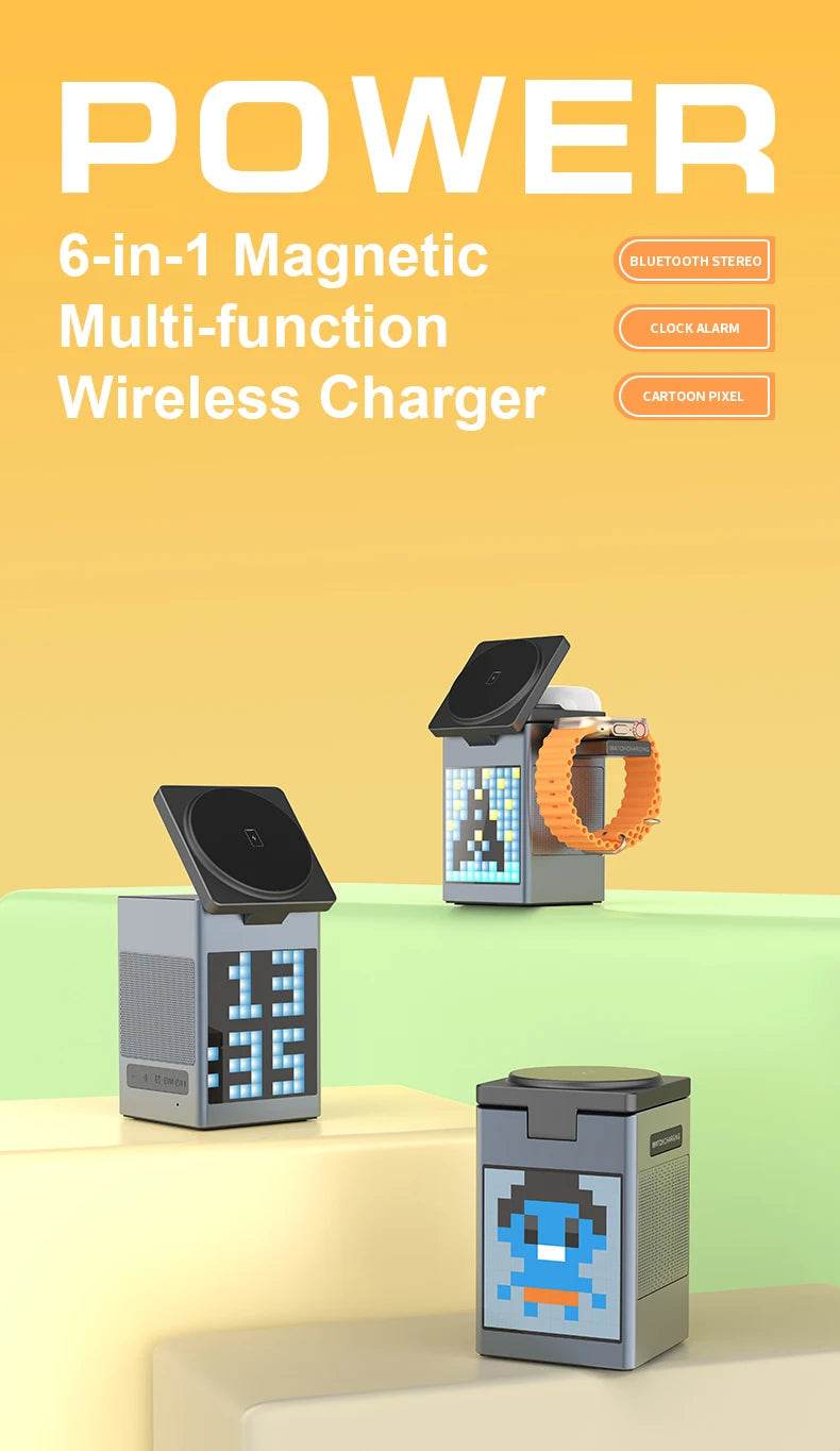 6-in-1 Magnetic Wireless Charging Station with Bluetooth Speaker, Alarm Clock, for IPhone, AirPods, IWatch-Multifunction Charger - NexoEden