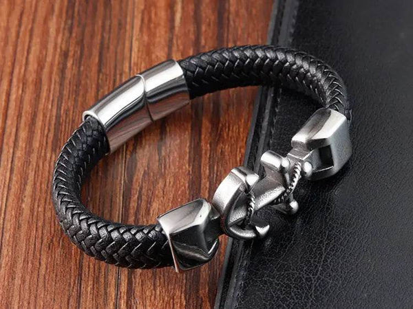 Cross Stainless Steel Anchor Leather Bracelet Elegant Men's Chunky Jewelry Accessories - NexoEden